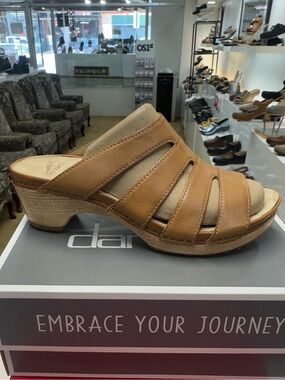 Dansko Tan Leather Slide Mule with Low Stacked Heel